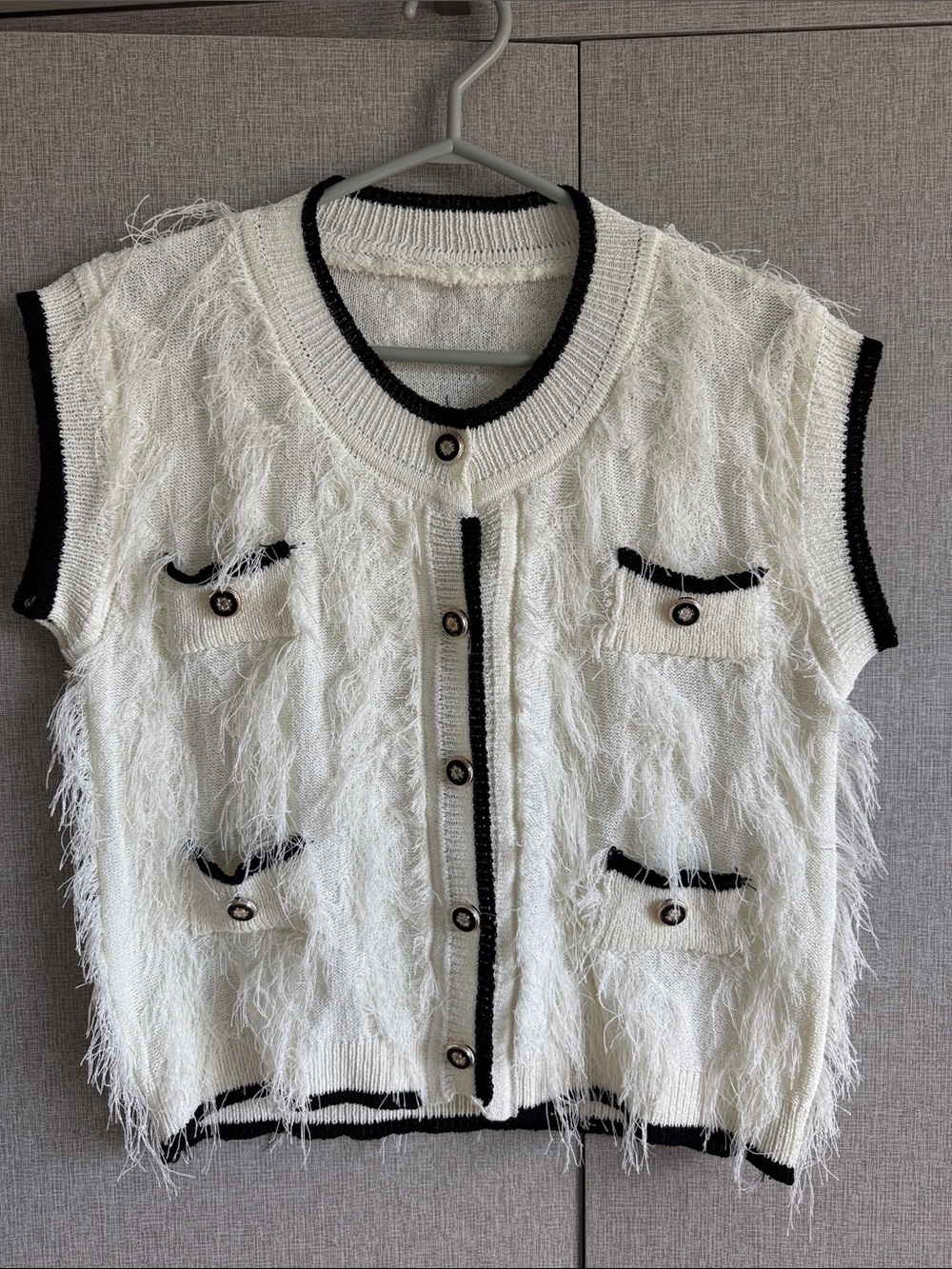 Ivory Fringe Knit Short-Sleeve Cardigan with Black Trim